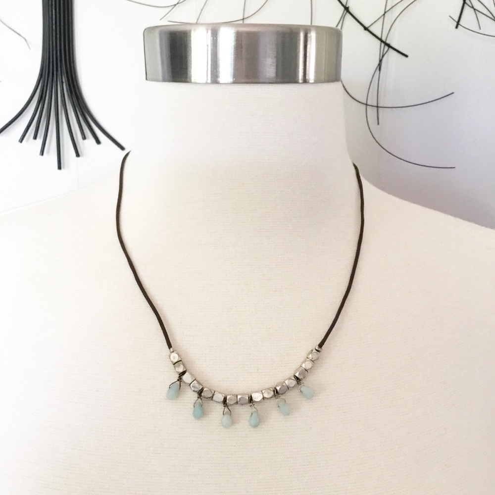 Fossil Silver Beaded With Teal Stones Necklace